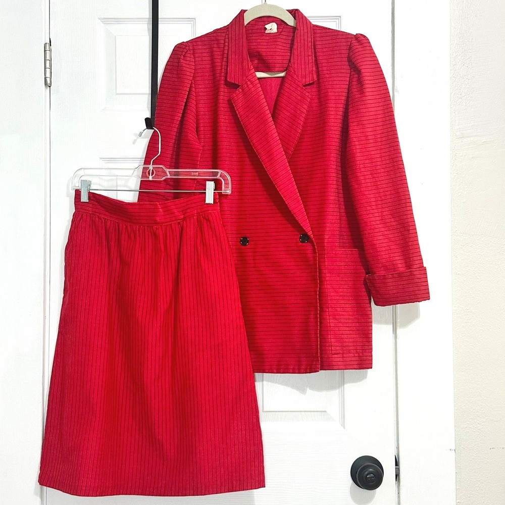VTG 80s Red Pinstripe Double Breasted Corduroy Skirt Suit Set Power Suit 9/10